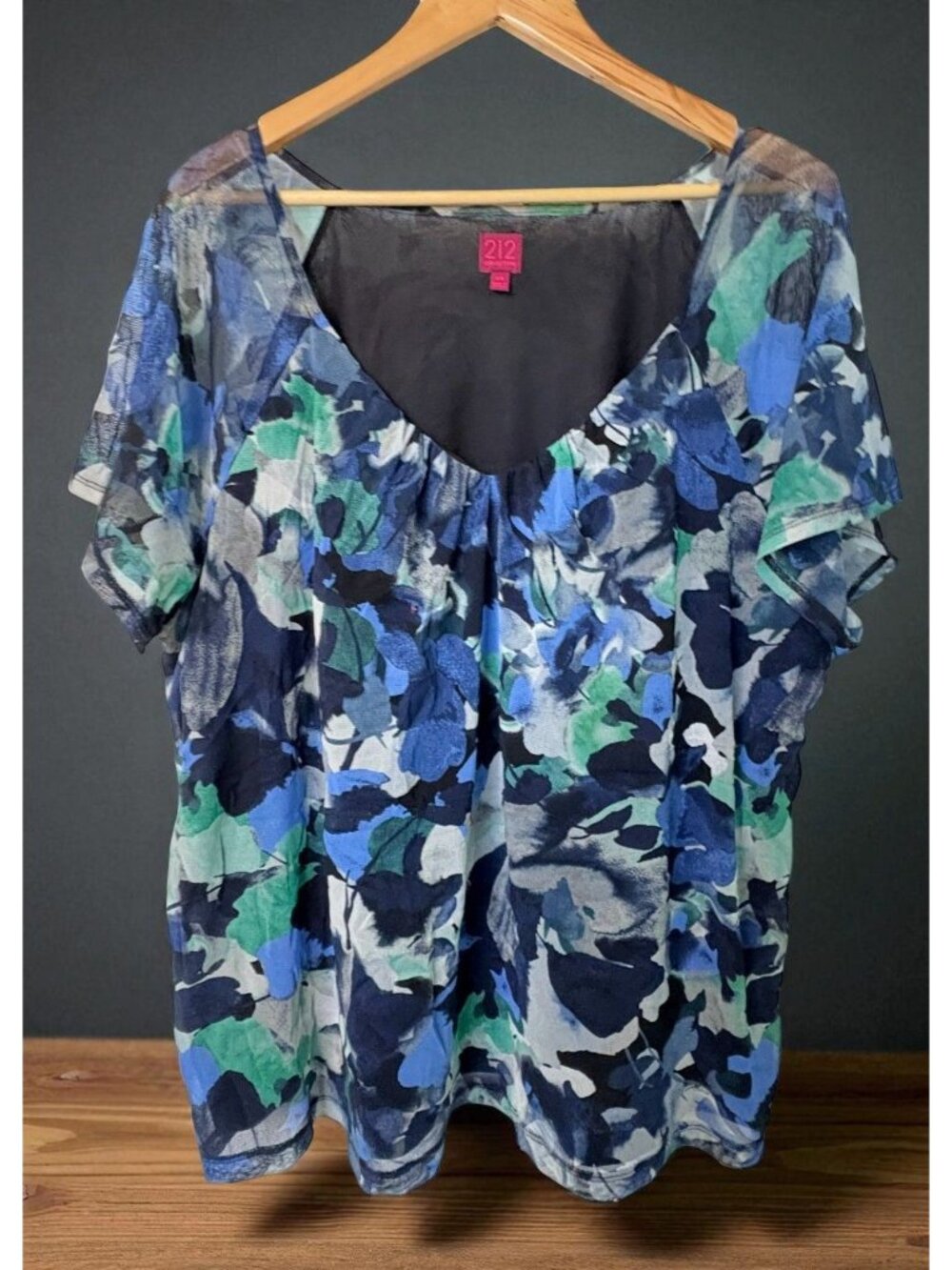 212 Collection Womens Floral Blouse Size 3X Blue Sheer Short Sleeve